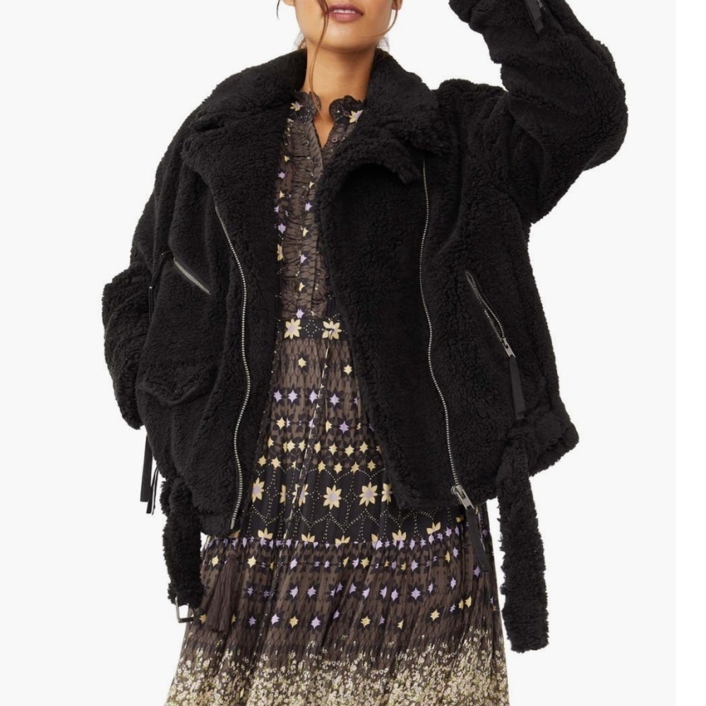 FREE PEOPLE So Cozy Slouchy Fleece Moto Jacket In Black size medium